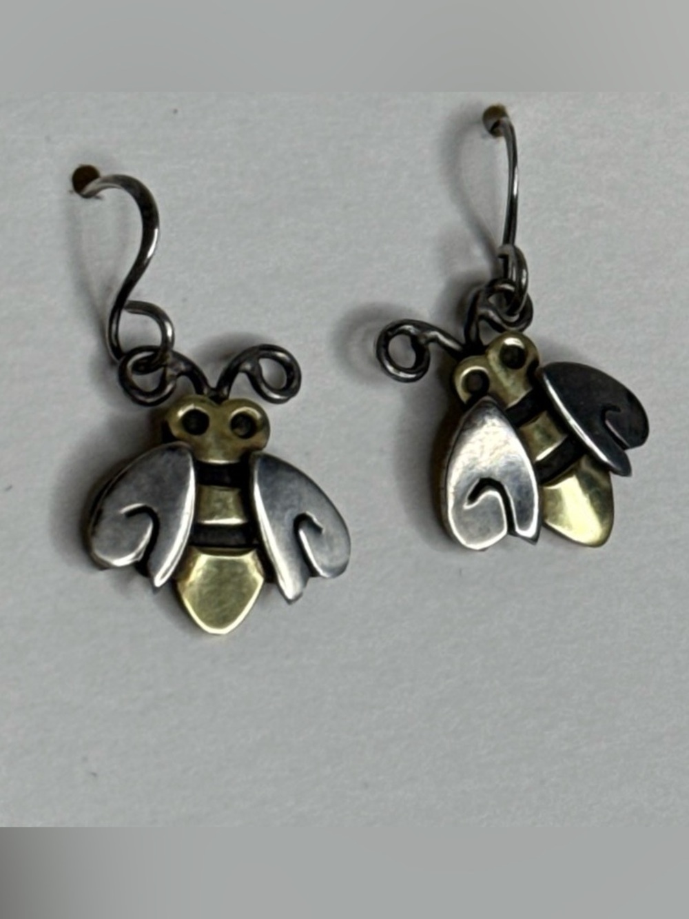 Far Fetched Sterling Silver & Brass Bee Earrings, Vintage Artisan Whimsical